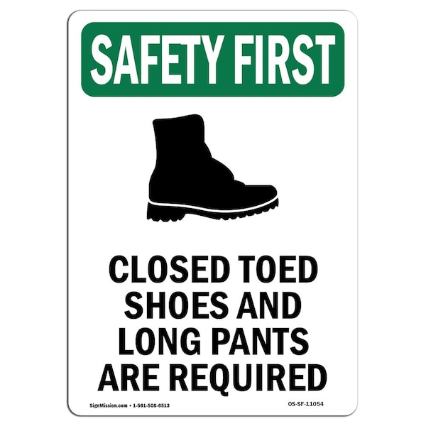 OSHA Sign, Closed Toed Shoes W/ Symbol, 24in X 18in Rigid Plastic, 18" W, 24" H, Portrait